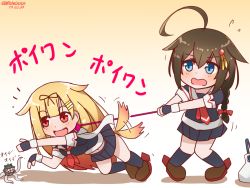 Rule 34 | 2girls, ahoge, bag, blonde hair, blue eyes, blue serafuku, blue skirt, blue socks, braid, braided ponytail, brown footwear, brown hair, chibi, commentary request, dated, dog tail, enemy naval mine (kancolle), fang, fingerless gloves, flying sweatdrops, gloves, gradient background, hair flaps, hair ornament, huge ahoge, kantai collection, kneehighs, knees together feet apart, leash, leash pull, legs together, long hair, looking at another, looking to the side, microskirt, midriff, mitchell (dynxcb25), motion lines, multiple girls, neckerchief, open mouth, orange background, outstretched arm, reaching, red eyes, red neckerchief, school uniform, serafuku, shadow, shigure (kancolle), shopping bag, short hair, short sleeves, simple background, single braid, skirt, socks, standing, tail, tail wagging, translation request, twitter username, very long hair, wavy mouth, yuudachi (kancolle)