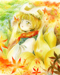Rule 34 | 1girl, blonde hair, colored pencil (medium), female focus, hat, leaf, maple leaf, medinki, multiple tails, official style, open mouth, painting (medium), parody, solo, style parody, tail, touhou, traditional media, watercolor (medium), yakumo ran, yellow eyes, zun (style)