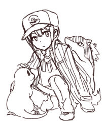 Rule 34 | 1boy, baseball cap, charmander, closed mouth, creatures (company), crossover, cyndaquil, fate/grand order, fate (series), flame-tipped tail, full body, game freak, gen 1 pokemon, gen 2 pokemon, greyscale, hair between eyes, hat, highres, jacket, jacket on shoulders, koha-ace, long hair, looking at viewer, male focus, monochrome, nintendo, oda nobukatsu (fate), pants, petting, poke ball symbol, pokemon, pokemon (creature), shirt, shoes, simple background, squatting, tachitsu teto, white background