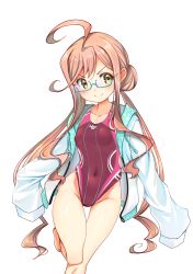Rule 34 | 1girl, absurdres, ahoge, blue-framed eyewear, breasts, commentary request, competition swimsuit, cowboy shot, double bun, glasses, hair bun, highleg, highleg swimsuit, highres, hood, hooded jacket, hoodie, jacket, kantai collection, long sleeves, makigumo (kancolle), multicolored clothes, multicolored swimsuit, one-piece swimsuit, pink hair, purple one-piece swimsuit, simple background, sleeves past fingers, sleeves past wrists, small breasts, solo, swimsuit, twintails, white background, white jacket, yashin (yasinz), yellow eyes