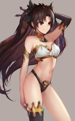 Rule 34 | 1girl, armlet, asymmetrical legwear, asymmetrical sleeves, bare shoulders, bikini, black bikini, black bow, black hair, black thighhighs, blush, bow, breasts, cleavage, closed mouth, detached collar, detached sleeves, dolce (dolsuke), earrings, fate/grand order, fate (series), hair bow, highleg, highleg bikini, hoop earrings, ishtar (fate), jewelry, long hair, medium breasts, mismatched bikini, navel, neck ring, parted bangs, red eyes, simple background, single detached sleeve, single thighhigh, smile, solo, swimsuit, thighhighs, thighs, tiara, two side up, uneven legwear, uneven sleeves, white bikini