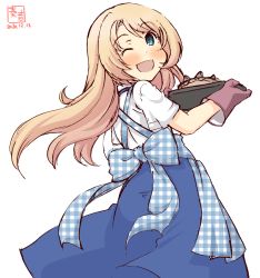 Rule 34 | 1girl, alternate costume, apron, artist logo, blonde hair, blue apron, blue eyes, blue skirt, commentary request, dated, dress, employee uniform, from behind, gingham apron, highres, jervis (kancolle), kanon (kurogane knights), kantai collection, kobeya, kobeya uniform, long hair, looking at viewer, oven mitts, pie, plaid, plaid apron, sailor dress, simple background, skirt, solo, stargazy pie, uniform, unmoving pattern, waitress, white background