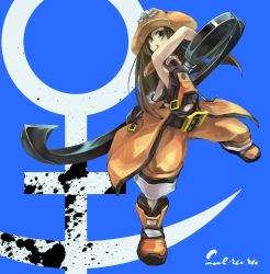 Rule 34 | 1girl, anchor, anchor symbol, artist name, bad id, bad pixiv id, belt, belt buckle, boots, brown eyes, brown hair, buckle, flat chest, guilty gear, hat, highres, long hair, may (guilty gear), orange hat, orange shirt, pants, pants rolled up, pirate hat, queruru, shirt, skull and crossbones, solo, weapon