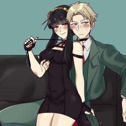 Rule 34 | 1boy, 1girl, black dress, black hair, blonde hair, couch, dress, fingerless gloves, formal, gloves, green eyes, hairband, highres, husband and wife, leash, long hair, looking at another, myuto eve, nail polish, naughty face, necktie, red eyes, sitting, sitting on person, spy x family, suit, sweatdrop, twilight (spy x family), yor briar