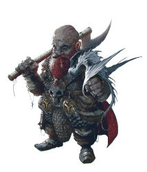 Rule 34 | 1boy, absurdres, armor, axe, bald, beard, belt, black footwear, brown gloves, dwarf, facial hair, full body, gloves, highres, holding, holding axe, kalmahul, male focus, mustache, original, over shoulder, shoes, skull, small dragon, solo, standing, tattoo, weapon, weapon over shoulder, white background