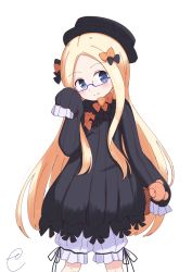 Rule 34 | 1girl, abigail williams (fate), bespectacled, black bow, black dress, black hat, blonde hair, bloomers, blue-framed eyewear, blue eyes, blush, bow, bug, butterfly, closed mouth, commentary request, dress, fate/grand order, fate (series), forehead, glasses, hair bow, hat, highres, holding, holding stuffed toy, insect, kujou karasuma, long hair, long sleeves, looking at viewer, orange bow, parted bangs, semi-rimless eyewear, simple background, sleeves past fingers, sleeves past wrists, smile, solo, stuffed animal, stuffed toy, teddy bear, under-rim eyewear, underwear, very long hair, white background, white bloomers