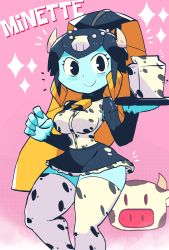 Rule 34 | absurdres, animal print, black collar, black hair, black skirt, blue skin, blush, character name, collar, colored skin, cow, cow horns, cow print, fins, fish girl, highres, holding, holding tray, horns, long hair, looking at viewer, milk carton, minette (skullgirls), multicolored hair, neck bell, orange hair, pink background, ponytail, seashell, shell, shirt, skirt, skullgirls, sleeveless, sleeveless shirt, sparkle, standing, thighhighs, tony welt, tray, white legwear, white shirt