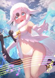 Rule 34 | 1girl, absurdres, akuma (st.takuma), animal ears, bare legs, bare shoulders, black footwear, black hair, blue eyes, bow, breasts, day, elbow gloves, fur collar, gloves, harp, harp seal (kemono friends), highres, holding, holding instrument, ice, instrument, kemono friends, looking at viewer, medium breasts, multicolored hair, navel, open mouth, outdoors, panties, sandals, shoes, short hair, solo, tail, underwear, white gloves, white hair, white panties, yellow bow