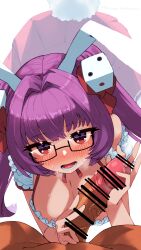 Rule 34 | 1boy, 1girl, absurdres, animal ears, bar censor, blush, bow, breasts, breath, censored, cleavage, detached sleeves, di gi charat, dice hair ornament, dress, frilled dress, frills, glasses, hair bow, hair intakes, hair ornament, haman mahaman, highres, imminent fellatio, large breasts, long hair, open mouth, penis, precum, purple hair, rabbit ears, red bow, red dress, red eyes, simple background, sweat, twintails, usada hikaru, white background