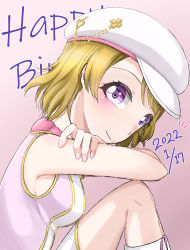 Rule 34 | 1girl, 2022, artist name, artist request, bare legs, bare shoulders, blush, boots, breasts, brown hair, collarbone, dress, elbow on knee, female focus, gem, hair between eyes, hat, heart, heart print, highres, knee boots, knees up, koizumi hanayo, looking at viewer, love live!, love live! school idol festival, love live! school idol project, medium breasts, miniskirt, nail, nail polish, parted lips, peaked cap, pearl (gemstone), pink background, pink dress, pink nails, plaid, plaid dress, plaid skirt, pleated, pleated dress, pleated skirt, purple eyes, short hair, sideboob, sitting, skirt, sleeveless, sleeveless dress, smile, solo, white dress, white hat, white skirt, zipper, zipper pull tab