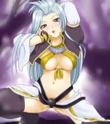Rule 34 | 00s, 1girl, blush, breasts, final fantasy, final fantasy ix, gender request, genderswap, green eyes, kuja, large breasts, lowres, okurapuchi, open clothes, open shirt, shirt, silver hair, solo, thighhighs
