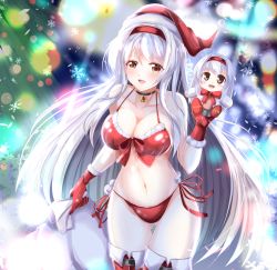 Rule 34 | 1girl, alternate costume, bag, bikini, blush, breasts, character doll, christmas, gloves, hair between eyes, hairband, hat, highres, kantai collection, kentan (kingtaiki), large breasts, long hair, looking at viewer, merry christmas, open mouth, red eyes, red gloves, santa bikini, santa costume, santa hat, shoukaku (kancolle), snowflakes, swimsuit, very long hair, white hair