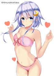 Rule 34 | 1girl, absurdres, bikini, blue eyes, breasts, cleavage, commentary request, cowboy shot, crescent, crescent hair ornament, hair ornament, heart, highres, himura moritaka, kantai collection, looking at viewer, medium breasts, pink bikini, purple hair, short hair, short hair with long locks, simple background, solo, standing, striped bikini, striped clothes, swimsuit, twitter username, white background, yayoi (kancolle)