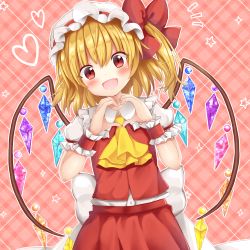 Rule 34 | 1girl, :d, absurdres, ascot, blonde hair, flandre scarlet, hat, hat ribbon, head tilt, heart, heart hands, highres, looking at viewer, mob cap, open mouth, plaid, plaid background, puffy short sleeves, puffy sleeves, red eyes, red ribbon, red skirt, ribbon, shirt, short sleeves, skirt, skirt set, smile, solo, star (symbol), suigetsu (watermoon-910), touhou, vest, white shirt, wings, wrist cuffs