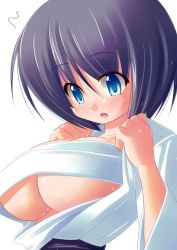 Rule 34 | black hair, blue eyes, breasts, embarrassed, huge breasts, kourourin, open clothes, open mouth, open shirt, shirt, short hair, underboob