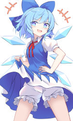 Rule 34 | +++, 1girl, blue bow, blue dress, blue eyes, blue hair, blush, bow, cirno, clothes lift, collared shirt, cowboy shot, dress, dress lift, e.o., fairy, fingernails, hair between eyes, hair bow, highres, ice, ice wings, lifting own clothes, open mouth, puffy short sleeves, puffy sleeves, shirt, short hair, short sleeves, simple background, solo, touhou, white background, white shirt, wings