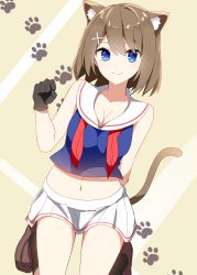 Rule 34 | 1girl, a.a (aa772), animal ears, arm behind back, black gloves, blue eyes, blush, breasts, brown hair, cat ears, cat tail, cleavage, closed mouth, gloves, hair between eyes, hair ornament, hairclip, highres, kantai collection, kemonomimi mode, large breasts, maya (kancolle), paw pose, paw print, paw print background, pleated skirt, school uniform, serafuku, short hair, sitting, skirt, smile, solo, tail, wariza, white skirt, x hair ornament