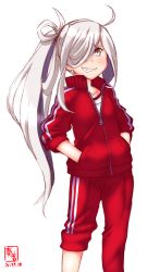 Rule 34 | 1girl, 2017, ahoge, asashimo (kancolle), cowboy shot, dated, grey eyes, grin, hair over one eye, hands in pockets, highres, kanon (kurogane knights), kantai collection, logo, long hair, ponytail, red track suit, silver hair, simple background, smile, solo, standing, track suit, white background