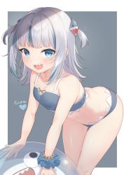 Rule 34 | 1girl, :d, bad id, bad pixiv id, ball, bare arms, bare shoulders, beachball, bikini, bloop (gawr gura), blue bikini, blue eyes, blue hair, blue scrunchie, blush, breasts, character name, cleavage, collarbone, gawr gura, grey background, grey hair, hair ornament, heart, highres, hololive, hololive english, leaning forward, long hair, looking at viewer, multicolored hair, no tail, open mouth, scrunchie, sharp teeth, small breasts, smile, solo, standing, streaked hair, swimsuit, teeth, transparent, tsukiman, two-tone background, two side up, v-shaped eyebrows, virtual youtuber, white background, wrist scrunchie
