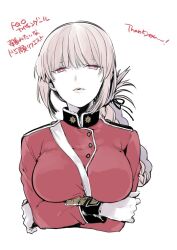 Rule 34 | 1girl, braid, breasts, coat, crossed arms, english text, fate/grand order, fate (series), florence nightingale (fate), gloves, large breasts, long hair, long sleeves, looking at viewer, nakayama miyuki, parted lips, pink hair, red coat, red eyes, simple background, solo, thank you, translation request, white background, white gloves