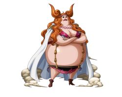 Rule 34 | 1girl, blue eyes, boa marigold, bodskih, boots, breasts, cape, cleavage, crossed arms, curly hair, epaulettes, fat, flower, full body, hair flower, hair ornament, large breasts, long hair, midriff, official art, one piece, one piece treasure cruise, orange hair, solo, transparent background