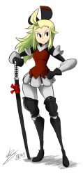 Rule 34 | 1girl, ahoge, armor, bigdead, black eyes, blonde hair, bow, bravely default: flying fairy, bravely default (series), breastplate, edea lee, elbow pads, faulds, full body, gloves, greaves, hair bow, hand on own hip, highres, huge ahoge, knee pads, long hair, pantyhose, planted sword, planted, sheath, sheathed, solo, standing, sword, weapon