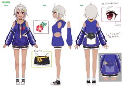 Rule 34 | 1girl, :d, ahoge, backpack, bag, black choker, black footwear, black shorts, blue hoodie, blush, breasts, character sheet, choker, dark skin, detached sleeves, fang, floral print, food, food-themed hair ornament, from behind, from side, fruit, grey hair, hair ornament, hayama marin, hibiscus print, highres, hood, hood down, hoodie, large breasts, lime (fruit), lime slice, long sleeves, looking at viewer, mole, mole under eye, multiple views, nijisanji, official art, okutomi fumi, open clothes, open mouth, red eyes, shoes, shorts, sleeves past wrists, smile, sneakers, thick eyebrows, virtual youtuber, zipper, zipper pull tab