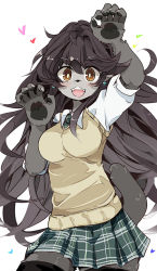 Rule 34 | 1girl, animal hands, black hair, black thighhighs, bright pupils, brown eyes, claw pose, earrings, female focus, furry, furry female, green skirt, grey fur, heart, jewelry, long hair, looking at viewer, messy hair, open mouth, original, pleated skirt, ryou torakawa (amayadoriya), simple background, skirt, solo, sweater vest, tail, thighhighs, white background, white pupils