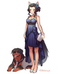 Rule 34 | 1girl, absurdres, animal, animal ear fluff, animal ears, bag, bare arms, bare shoulders, black hair, blue dress, blue flower, blush, breasts, bsapricot, choker, cleavage, closed mouth, commentary, dog, dress, english commentary, flower, forehead, girls&#039; frontline, grey footwear, grey necktie, hair flower, hair ornament, handbag, highres, holding, holding bag, large breasts, looking away, looking to the side, nail polish, necktie, original, parted bangs, pleated dress, shoes, shoulder bag, sidelocks, simple background, sleeveless, sleeveless dress, solo, standing, twitter username, white background, white choker
