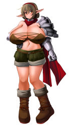 Rule 34 | 1girl, absurdres, armor, bare shoulders, bikini armor, boots, breasts, brown eyes, brown hair, cape, cleavage, curvy, elf, female focus, gauntlets, hair ornament, hairband, highres, huge breasts, navel, original, pants, pauldrons, pointy ears, short hair, shorts, shoulder armor, simple background, solo, standing, umigarasu (magipro), white background