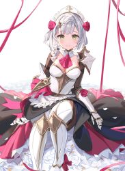 Rule 34 | 1girl, absurdres, armor, armored dress, blush, braid, braided bangs, breasts, cleavage, commentary request, dress, flower, gauntlets, genshin impact, green eyes, grey hair, grin, headpiece, highres, large breasts, long sleeves, looking at viewer, noelle (genshin impact), partial commentary, pauldrons, rose, short hair, shoulder armor, sitting, smile, solo, white dress, yu-ri (arium047)