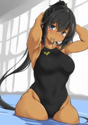 Rule 34 | 1girl, black hair, black one-piece swimsuit, blue eyes, commentary request, competition swimsuit, cowboy shot, dark skin, dark-skinned female, highleg, highleg swimsuit, highres, holding, holding hair, long hair, looking at viewer, mouth hold, one-piece swimsuit, original, ponytail, rubber band, soaking feet, solo, swimsuit, water, yuzu lemon