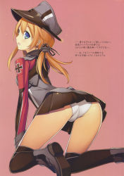 Rule 34 | 10s, 1girl, absurdres, anchor hair ornament, ass, black thighhighs, blonde hair, blue eyes, from behind, hair ornament, hat, highres, kantai collection, kikuchi seiji, kneeling, long hair, long sleeves, looking at viewer, looking back, microskirt, military, military uniform, open mouth, panties, pantyshot, peaked cap, prinz eugen (kancolle), scan, skirt, solo, thighhighs, trefoil, twintails, underwear, uniform, upskirt, white panties