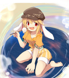 Rule 34 | 1girl, :d, animal ears, barefoot, blonde hair, brown hat, crop top, dango, floppy ears, food, full body, hat, highres, holding, looking at viewer, mukuroi, open mouth, orange shirt, rabbit ears, red eyes, ringo (touhou), shirt, short sleeves, shorts, sitting, skewer, smile, solo, striped clothes, striped shorts, touhou, vertical-striped clothes, vertical-striped shorts, wagashi, wariza, yellow shorts