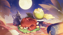 Rule 34 | boned meat, food, fruit, full moon, highres, meat, moon, night, night sky, no humans, nu carnival, official art, palm leaf, plate, pomelo, sky, teapot, tropical