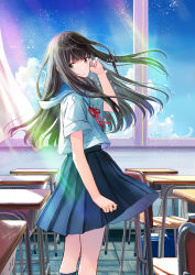 Rule 34 | 1girl, black hair, blue eyes, blue sailor collar, blue skirt, blue sky, chair, classroom, closed mouth, crying, crying with eyes open, desk, hand up, highres, indoors, kazuharu kina, long hair, looking at viewer, looking back, neck ribbon, original, pleated skirt, red ribbon, ribbon, sailor collar, school uniform, serafuku, shirt, short sleeves, skirt, sky, solo, standing, teardrop, tears, white shirt, window