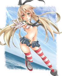 Rule 34 | 10s, 1girl, black panties, blonde hair, blush, breasts, elbow gloves, gloves, hairband, highres, kantai collection, long hair, looking at viewer, mine1225, navel, ocean, panties, personification, shimakaze (kancolle), skirt, small breasts, solo, striped clothes, striped thighhighs, thighhighs, torn clothes, underboob, underwear, white gloves, yellow eyes
