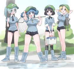 Rule 34 | 4girls, backpack, bag, black hair, blonde hair, blue eyes, blue hair, blue shirt, blush, boots, breasts, collared shirt, commentary request, frogsnake, glasses, hat, jewelry, juliet sleeves, kappa mob (touhou), kawashiro nitori, key, key necklace, large breasts, long sleeves, multiple girls, nail polish, necklace, necktie, net, open mouth, pointing, ponytail, puffy sleeves, rubber boots, school swimsuit, shirt, short sleeves, swimsuit, touhou