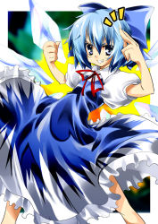 Rule 34 | 1girl, blue eyes, blue hair, blush, bow, cirno, clenched hand, delusion overdose, dress, female focus, fingernails, flat chest, frills, grin, hair bow, long fingernails, matching hair/eyes, matsuno canel, pointing, ribbon, short hair, smile, solo, standing, embodiment of scarlet devil, touhou, wings