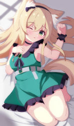 Rule 34 | 1girl, absurdres, animal ear fluff, animal ears, arknights, barefoot, bed sheet, black bow, black hairband, blonde hair, blush, bow, commentary request, dog ears, dog girl, dog tail, dress, frilled dress, frills, green dress, green eyes, hair between eyes, hair bow, hairband, hand up, highres, looking at viewer, one eye closed, parted lips, podenco (arknights), podenco (wake up from a nap) (arknights), rebaa, sleeveless, sleeveless dress, solo, tail, wrist cuffs