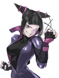 Rule 34 | 1girl, absurdres, black hair, breasts, censored, drill hair, fingerless gloves, gloves, haishima xv, han juri, highres, looking at viewer, nail polish, purple eyes, short hair, simple background, smile, solo, street fighter, street fighter v, twin drills, white background
