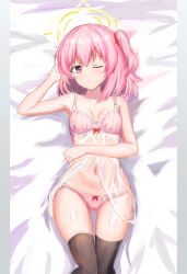 Rule 34 | 1girl, absurdres, babydoll, bed, blue archive, bra, breasts, cameltoe, closed mouth, collarbone, commentary, flygombal, halo, highres, lingerie, looking at viewer, lying, medium hair, navel, on bed, one eye closed, panties, pink eyes, pink hair, see-through, serina (blue archive), small breasts, solo, thighhighs, underwear