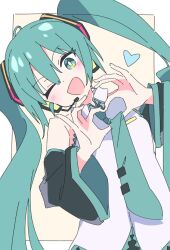 Rule 34 | 1girl, ;d, aqua eyes, black sleeves, detached sleeves, green eyes, green hair, green necktie, hair between eyes, hatsune miku, headset, heart, heart hands, ixy, long hair, looking at viewer, necktie, one eye closed, open mouth, shirt, smile, sol, twintails, vocaloid, white shirt