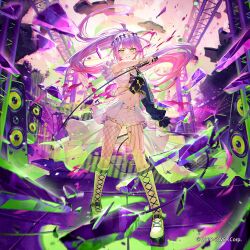 Rule 34 | 1girl, asymmetrical legwear, boots, concert, copyright notice, cross-laced footwear, full body, green eyes, hololive, lace-up boots, microphone, mismatched legwear, mr.lime, navel, official art, pink hair, shorts, standing, tokoyami towa, tokoyami towa (break your xxx), virtual youtuber, white shorts