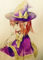 Rule 34 | 1girl, bow, capelet, commentary request, earrings, from side, gold trim, hat, hat bow, holding, holding wand, jewelry, kaigen 1025, kirisame marisa, kirisame marisa (pc-98), long sleeves, medium hair, neck ribbon, open mouth, painting (medium), pointy ears, profile, purple capelet, purple hat, purple shirt, red eyes, red hair, ribbon, shirt, simple background, smile, solo, star wand, touhou, touhou (pc-98), traditional media, wand, watercolor (medium), white background, witch hat, yellow bow, yellow ribbon