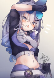 Rule 34 | 1girl, arm up, beni shake, black gloves, black jacket, black ribbon, black shorts, blue hair, breasts, commentary, cropped jacket, fang, gloves, goggles, goggles on head, gradient hair, grey background, grey eyes, grey hair, hair ornament, hair ribbon, hairclip, honkai: star rail, honkai (series), jacket, long hair, looking at viewer, medium breasts, multicolored hair, navel, open clothes, open fly, open mouth, open shorts, ponytail, revision, ribbon, ringlets, shorts, signature, silver wolf (honkai: star rail), simple background, solo, upper body