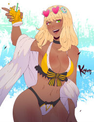 1girl artist_name bikini black_choker blonde_hair breasts choker cup dark-skinned_female dark_skin eyewear_on_head final_fantasy final_fantasy_xiv green_eyes heart heart-shaped_eyewear heterochromia highres holding holding_cup honey_b._lovely hyur koyorin large_breasts looking_at_viewer navel open_mouth shawl solo swimsuit white_shawl yellow_eyes yellow_nails