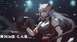 Rule 34 | 1girl, alternate costume, arknights, arm strap, bare arms, bare shoulders, chinese commentary, commentary request, horns, jangsunyo, long hair, orange eyes, parted lips, rhine lab logo, saria (arknights), silver hair, solo