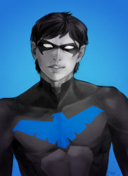 Rule 34 | 1boy, batman (series), black hair, blue background, blue theme, body armor, bodysuit, dc comics, dick grayson, domino mask, emblem, looking at viewer, male focus, mask, nightwing, parted lips, short hair, solo, spot color, young justice: invasion