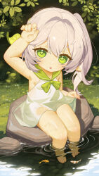 Rule 34 | 1girl, absurdres, alternate costume, arm up, blush, breasts, clothes lift, cross-shaped pupils, dress, dress lift, fish, forest, genshin impact, green eyes, green sailor collar, haapi jang p, hair ornament, highres, leaf, leaf hair ornament, lifted by self, long hair, looking at viewer, nahida (genshin impact), nature, open mouth, outdoors, partially submerged, pointy ears, pond, ripples, rock, sailor collar, side ponytail, sitting, sitting on rock, sleeveless, sleeveless dress, small breasts, soaking feet, solo, symbol-shaped pupils, wet, wet hair, white dress, white hair